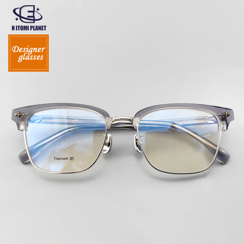 Transparent gray plate pure titanium Browline glasses frame EO-732