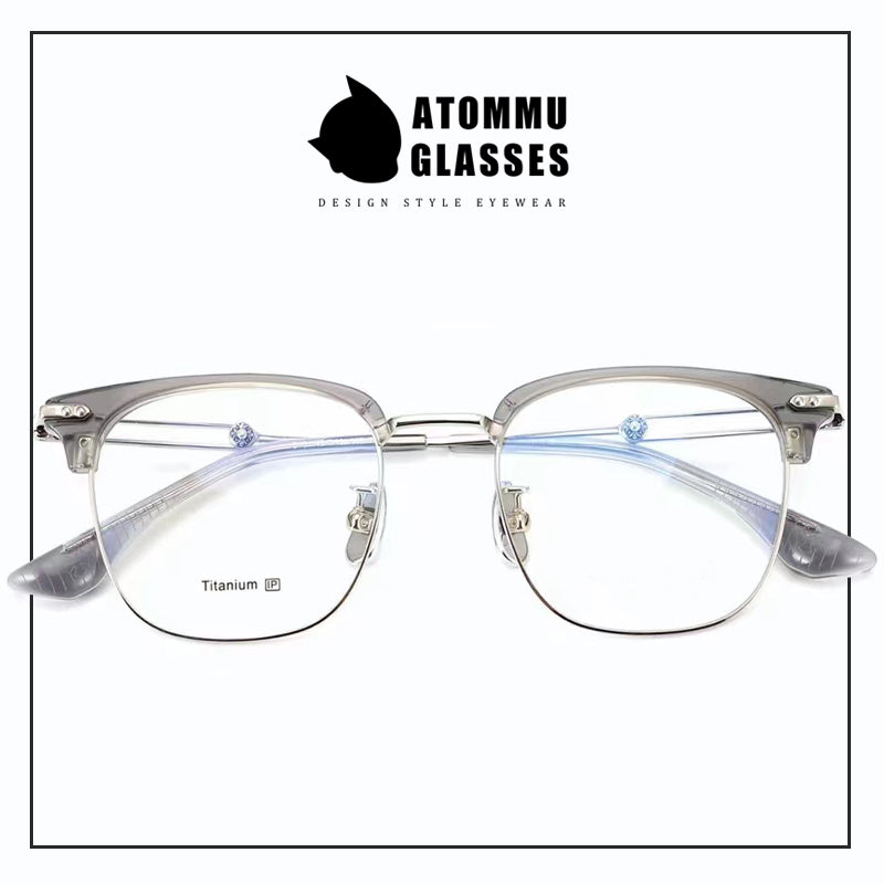 Stylish Titanium Browline transparent frame glasses : Unique Hollow Temple Arms & Logo Detailing - EO-719