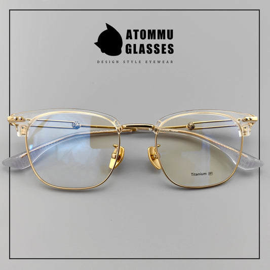 Stylish Titanium Browline transparent frame glasses : Unique Hollow Temple Arms & Logo Detailing - EO-719