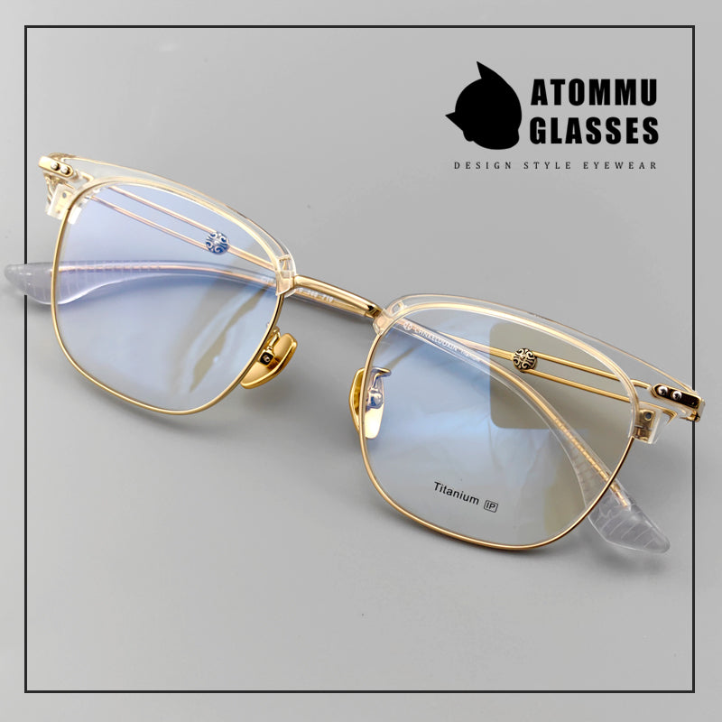 Stylish Titanium Browline transparent frame glasses : Unique Hollow Temple Arms & Logo Detailing - EO-719