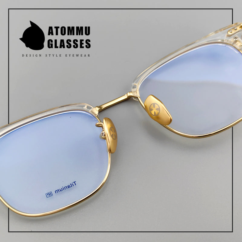 Stylish Titanium Browline transparent frame glasses : Unique Hollow Temple Arms & Logo Detailing - EO-719