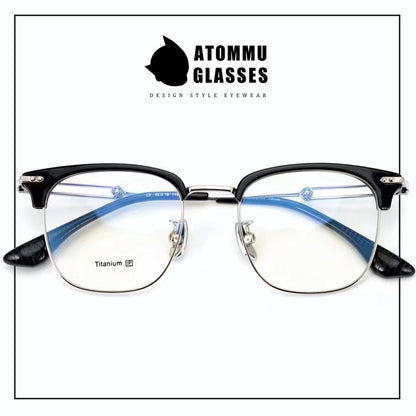 Stylish Titanium Browline transparent frame glasses : Unique Hollow Temple Arms & Logo Detailing - EO-719