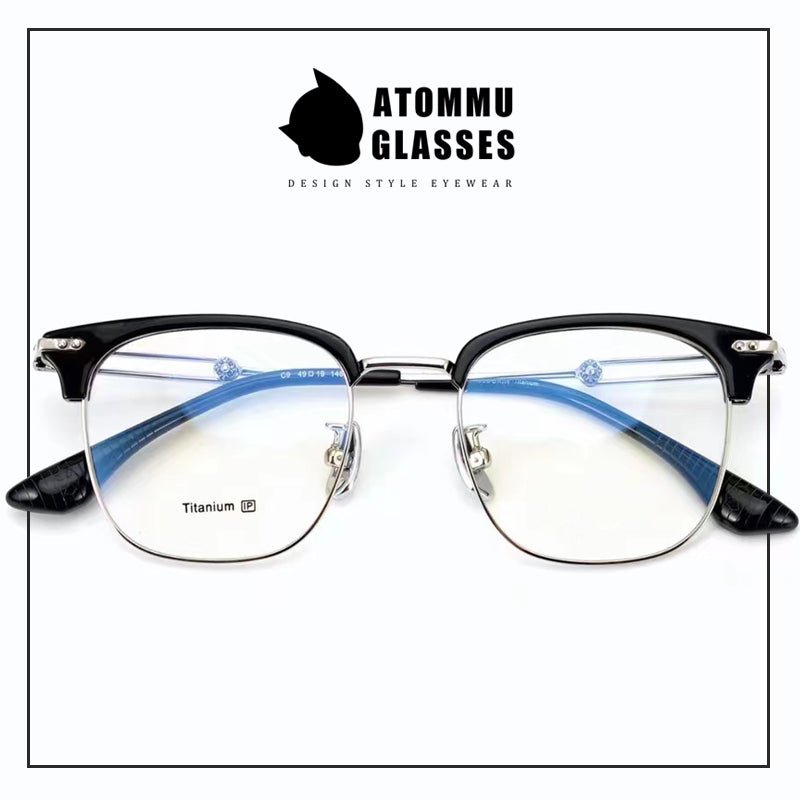 Stylish Titanium Browline transparent frame glasses : Unique Hollow Temple Arms & Logo Detailing - EO - 719 - HP eyeglasses