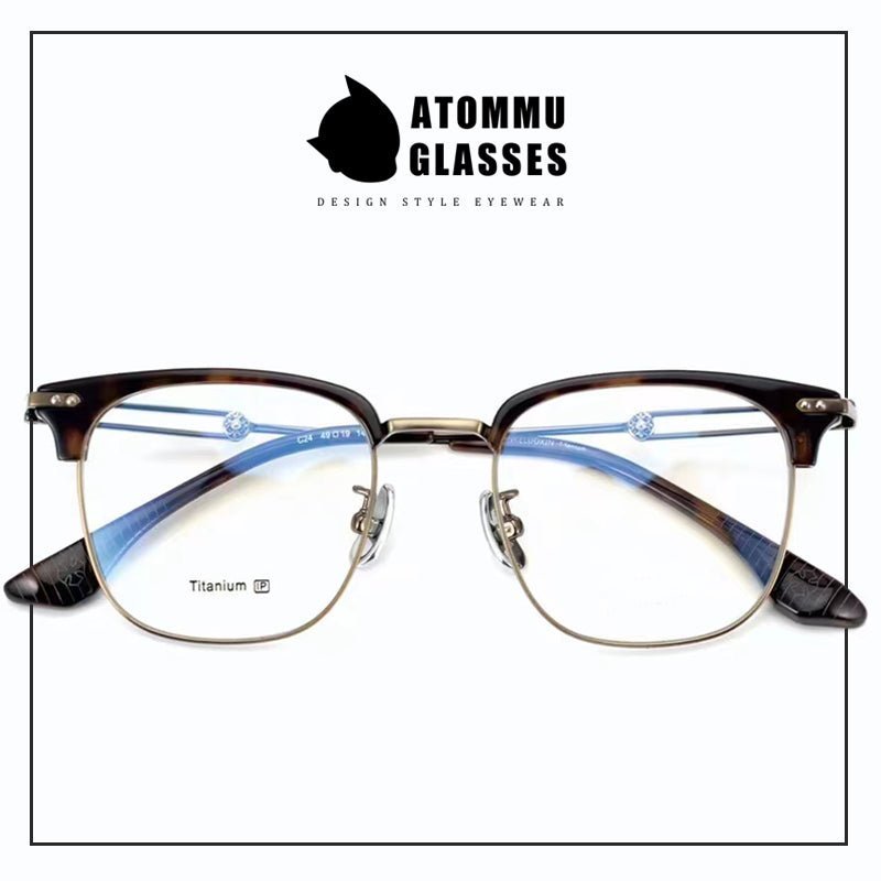 Stylish Titanium Browline transparent frame glasses : Unique Hollow Temple Arms & Logo Detailing - EO - 719 - HP eyeglasses